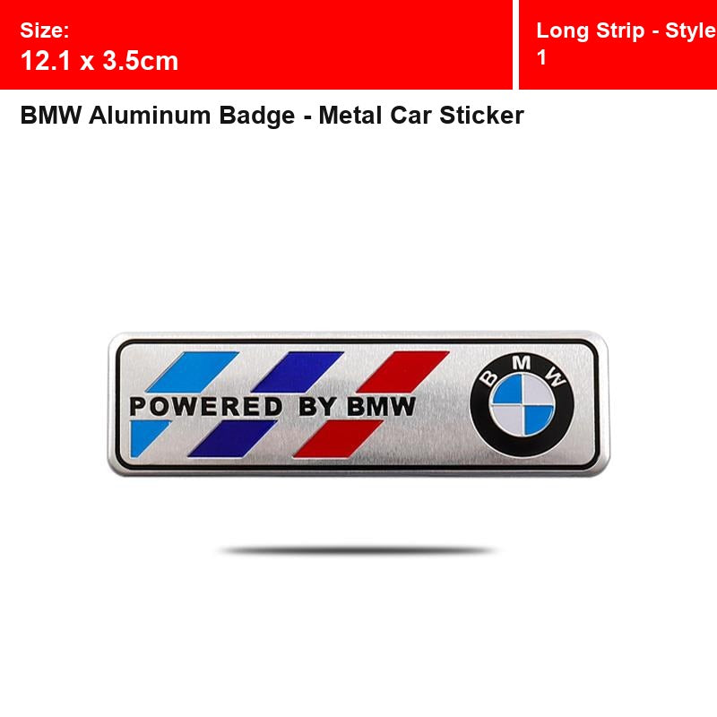 BMW aluminum badge, Long Strip - Style 1 design, size 12.1 x 3.5cm