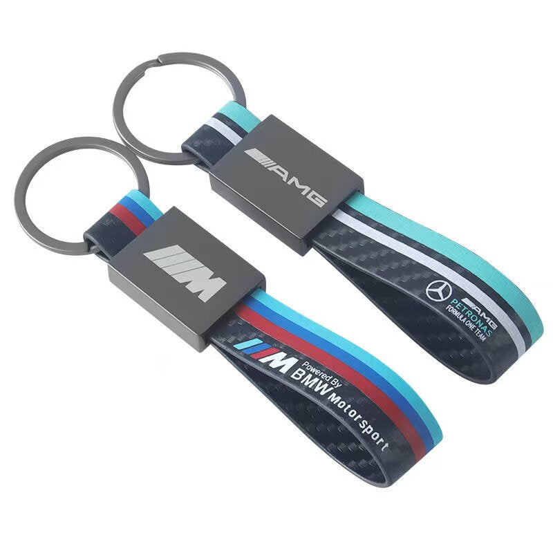 BMW M three-color sports logo Mercedes-Benz AMG leather carbon fiber pattern car modified car logo metal keychain pendant