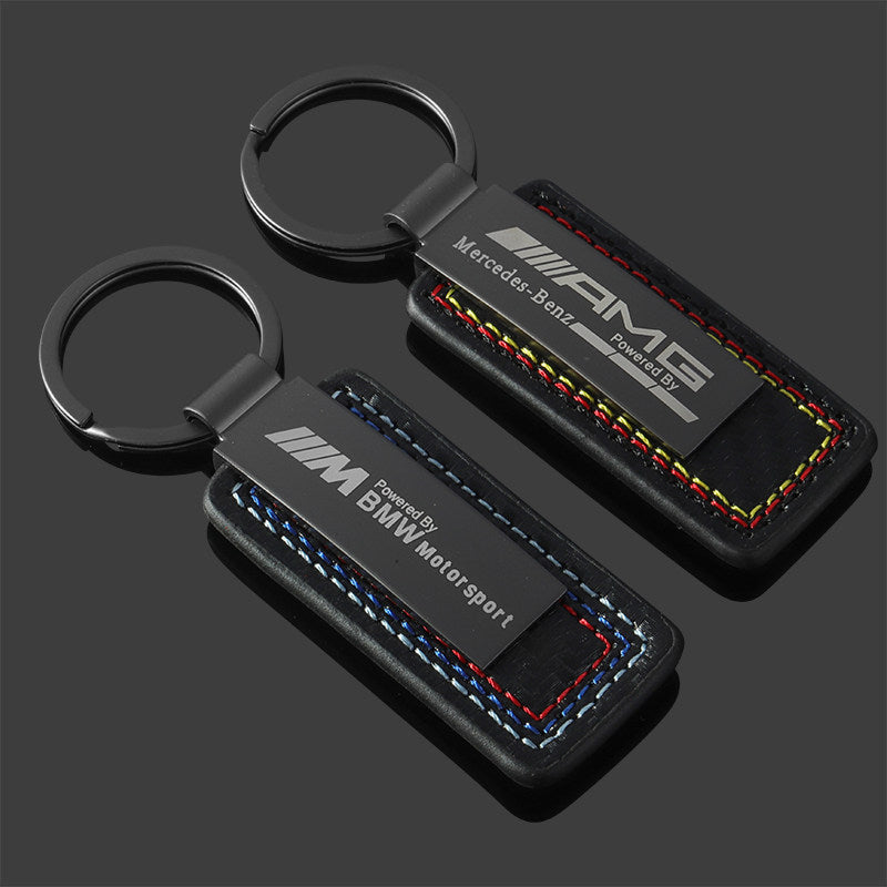 Motorsport Signature Keychain – BMW M or Mercedes-AMG Carbon Leather with Tri-Colour Stitching