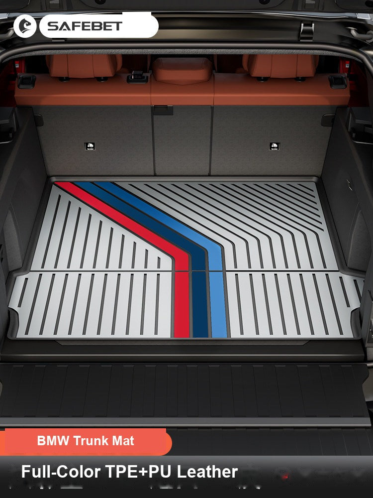 BMW trunk mat installed in cargo area - Tricolor M stripe design