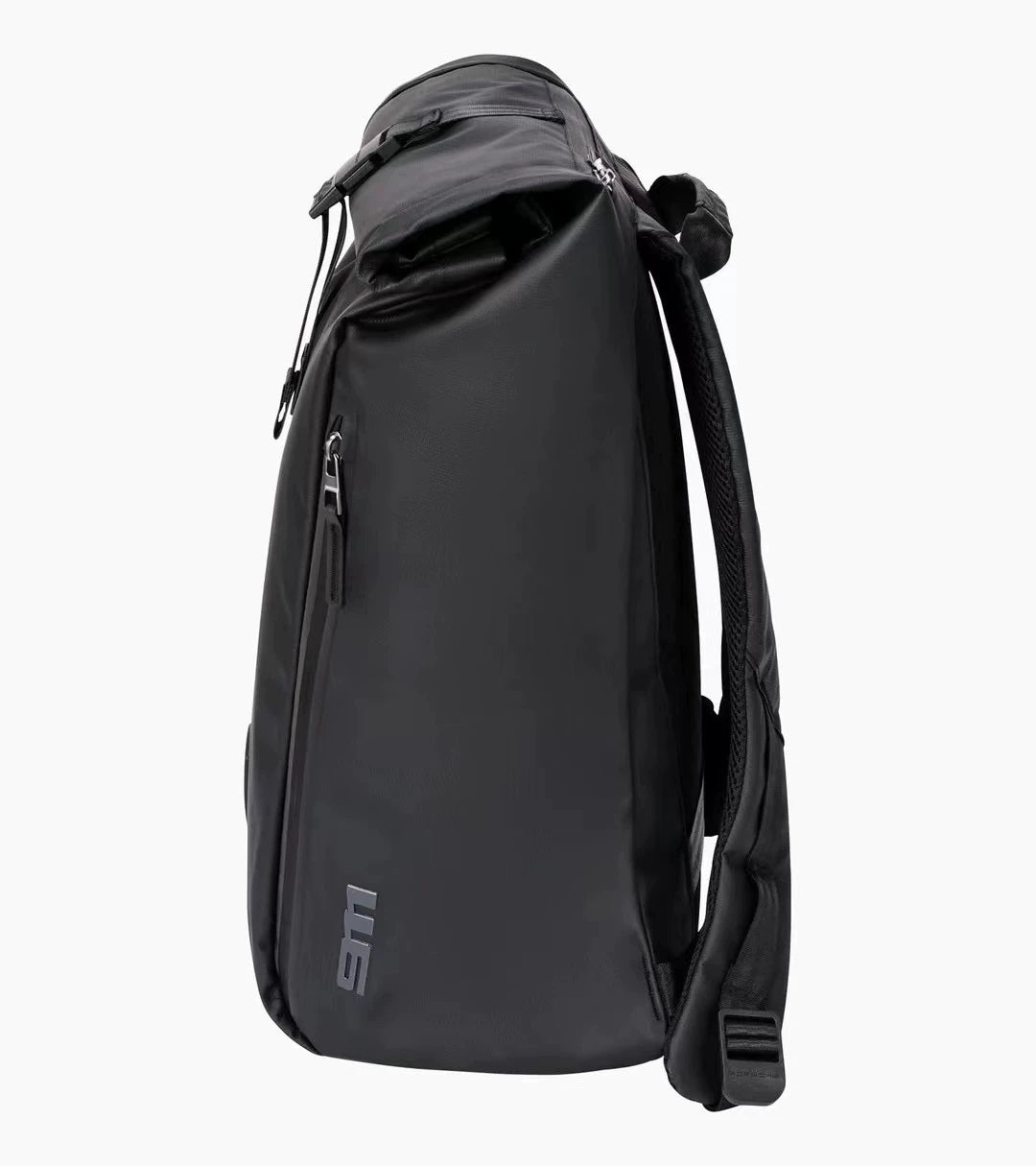 Porsche 911 roll-top backpack side view with 911 logo and zip pocket