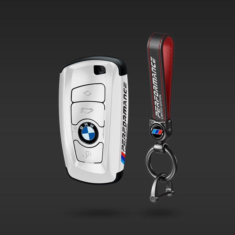 BMW Square key fob case in white with leather strap keychain