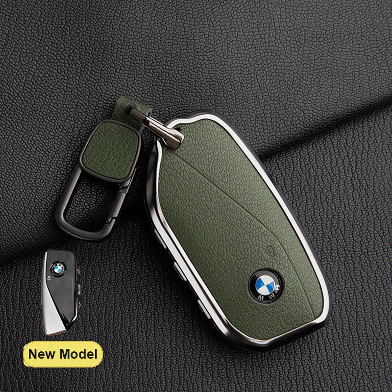 BMW New Model key fob case in Olive Green ALRAN French goat leather with Square Buckle Keyring - fits X1 X3 X5 X7, 5/7 Series, 740Li, i7