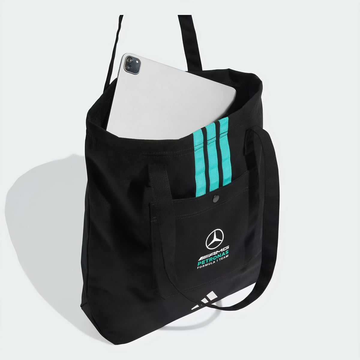 Mercedes-AMG Petronas F1 Team tote bag carrying a tablet – front snap pocket