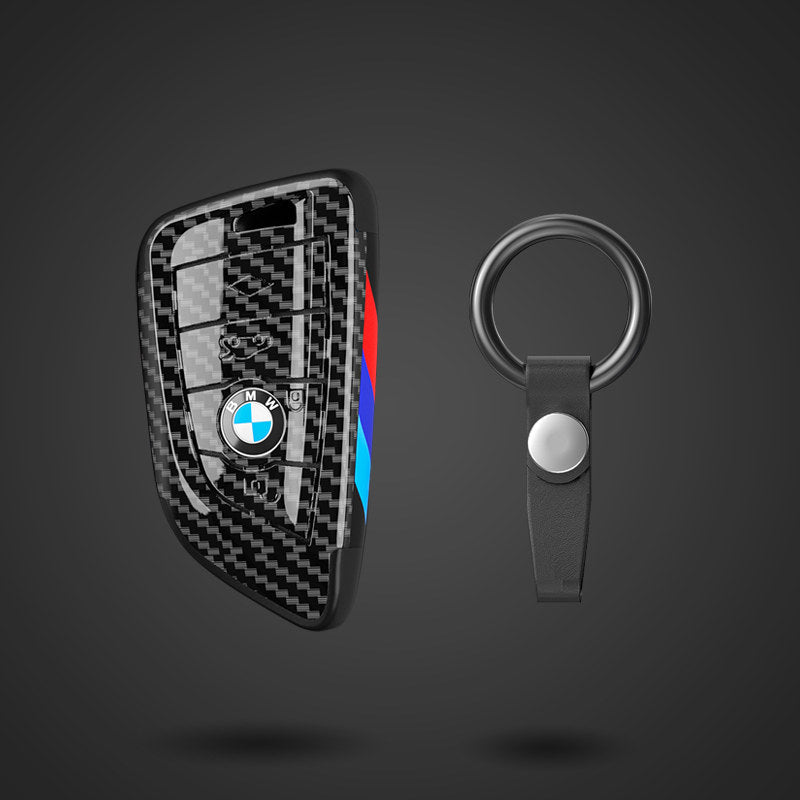BMW Blade key fob case in black carbon fiber with ring keychain
