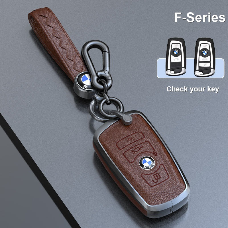 BMW genuine leather key fob case cover in Mocha Brown for F-Series smart key with keychain - fits 3/5 Series, X1 X3 X5 X7, i5, 2 Series