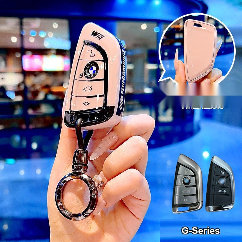 BMW smart key fob pink TPU case with bullet round buckle keychain