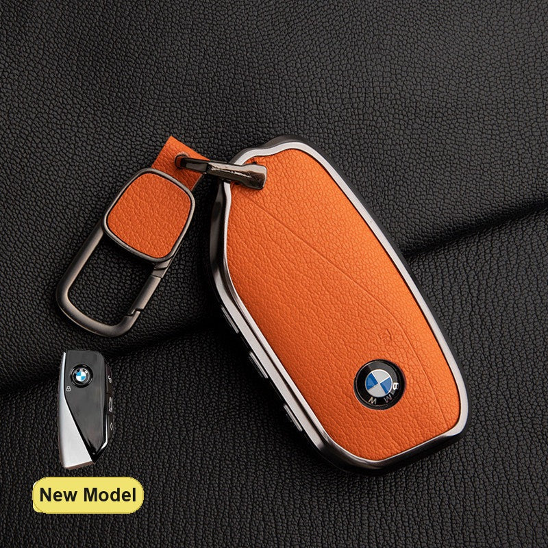 BMW New Model key fob case in Emma Orange ALRAN French goat leather with Square Buckle Keyring - fits X1 X3 X5 X7, 5/7 Series, 740Li, i7