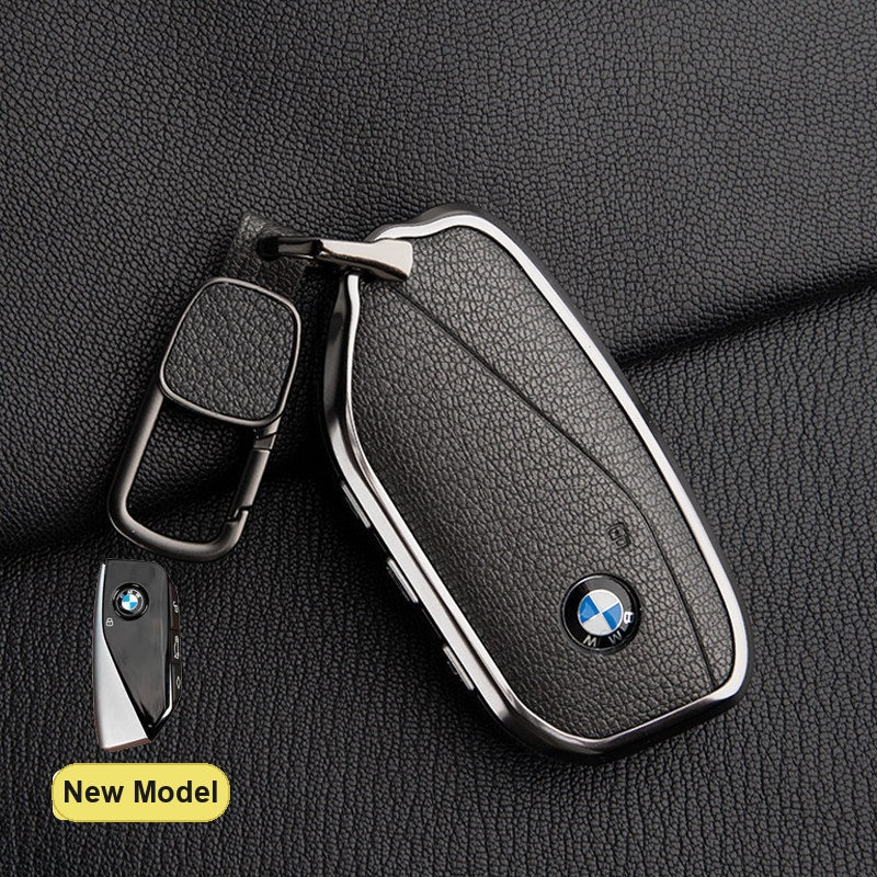 BMW New Model key fob case in Deep Black ALRAN French goat leather with Square Buckle Keyring - fits X1 X3 X5 X7, 5/7 Series, 740Li, i7