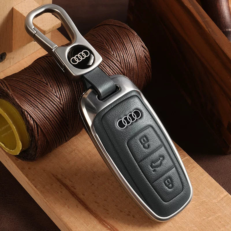 Audi Executive Cowhide Key Case – Polished Metal Bezel with Double-Sided Leather