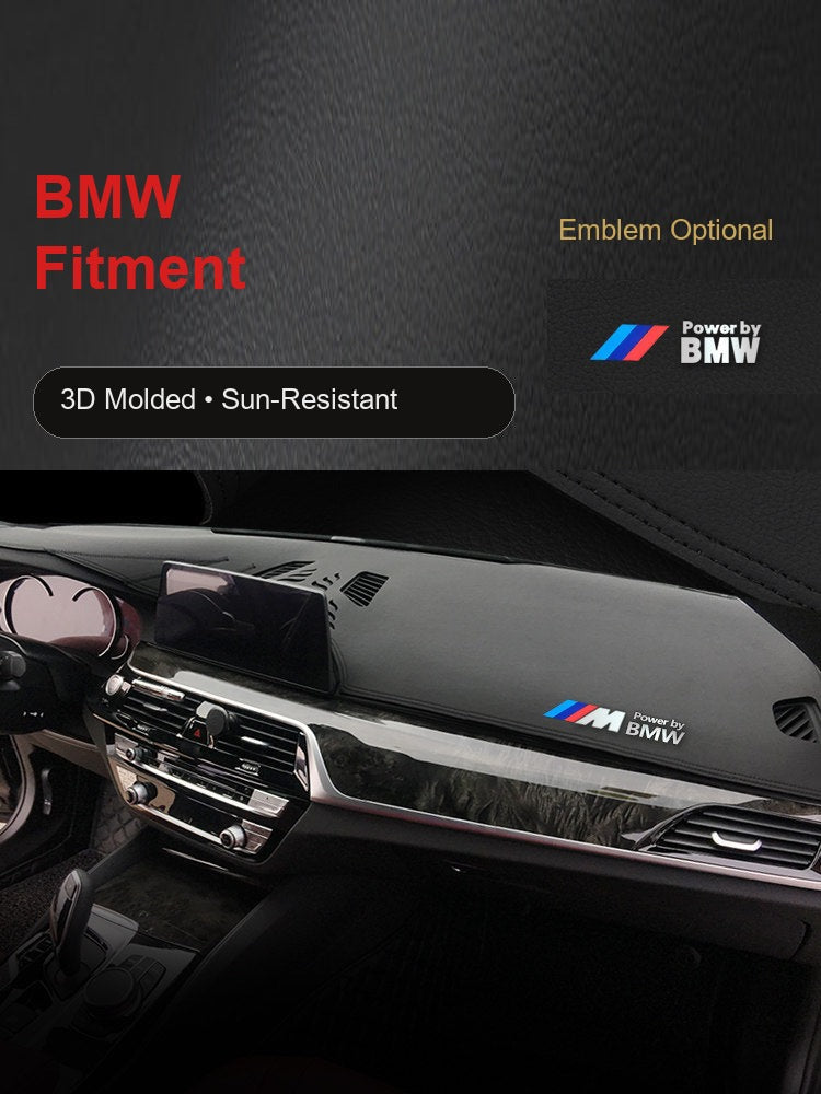 BMW dashboard sunshade cover installed, leather-style anti-glare pad with M badge
