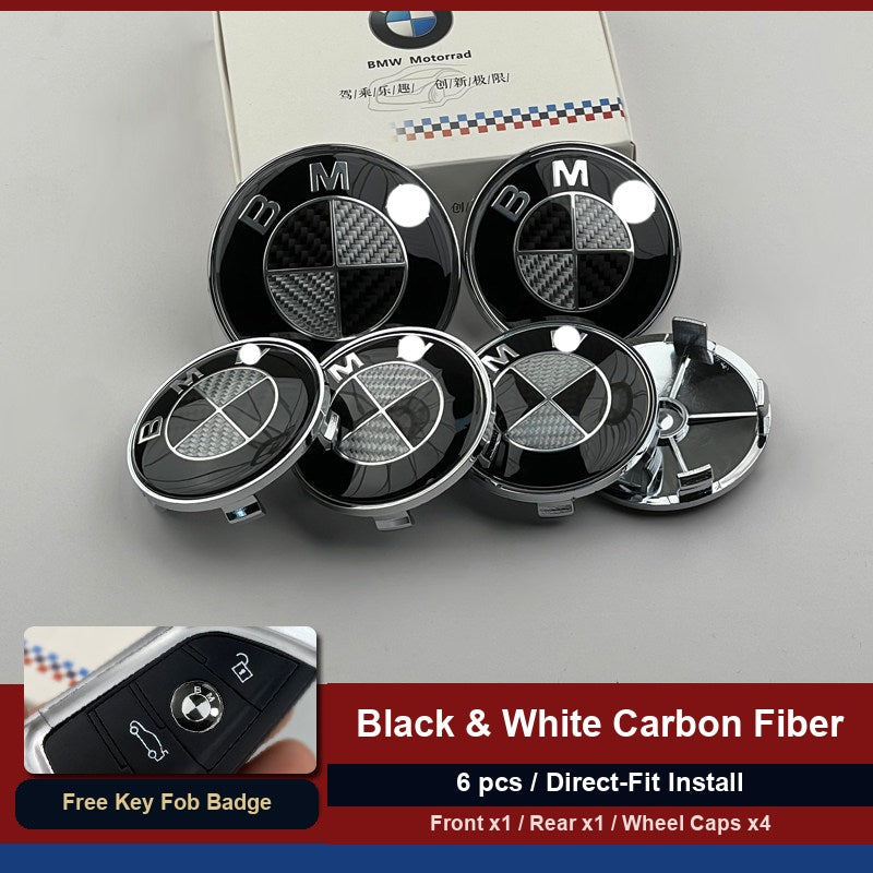 BMW carbon fiber six-piece badge set including front, rear, and wheel caps