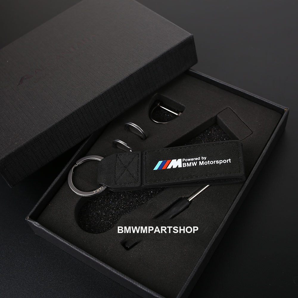 Black BMW M Power suede keychain in gift box with installation tool