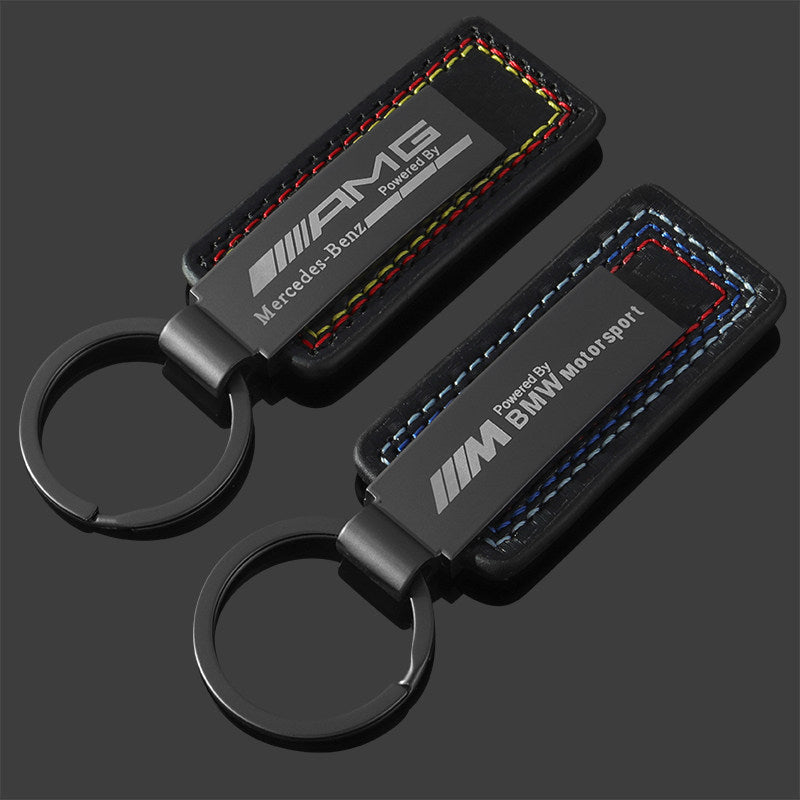 Motorsport Signature Keychain – BMW M or Mercedes-AMG Carbon Leather with Tri-Colour Stitching