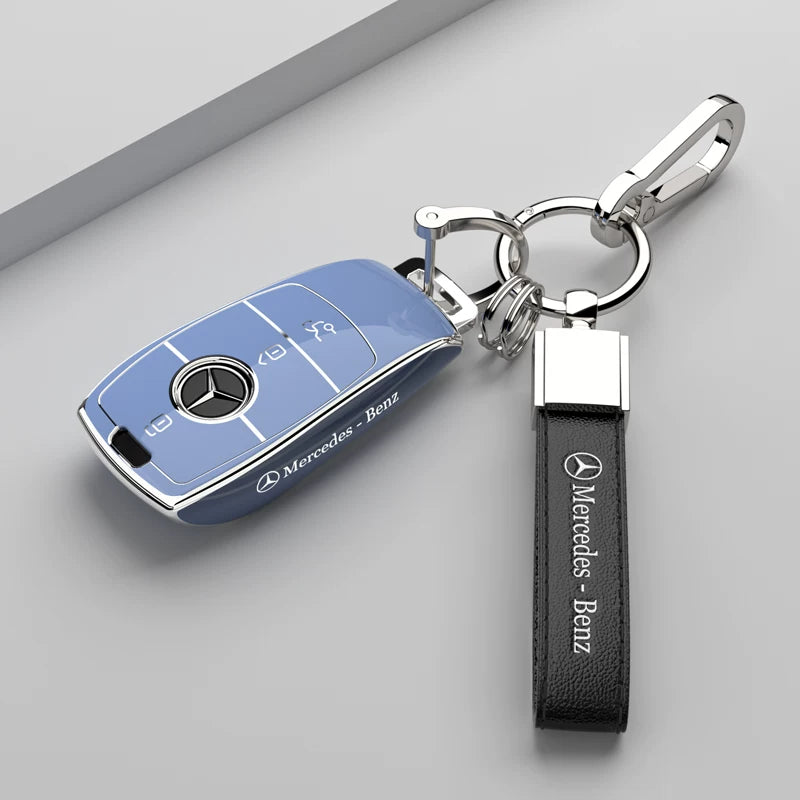 Mercedes-Benz Riviera Two-Tone Key Case – Peak Blue – Silver Trim with Mercedes-Benz Script Strap