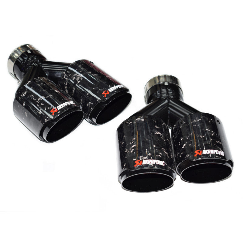 Dual outlet carbon fiber exhaust tips side by side, forged stainless steel