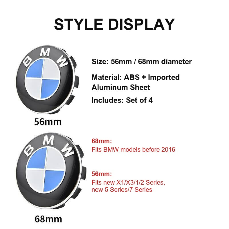 BMW wheel cap style display, 56mm and 68mm size comparison