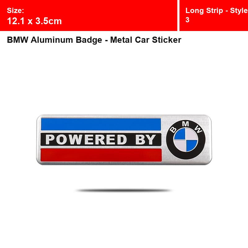 BMW aluminum badge, Long Strip - Style 3 design, size 12.1 x 3.5cm