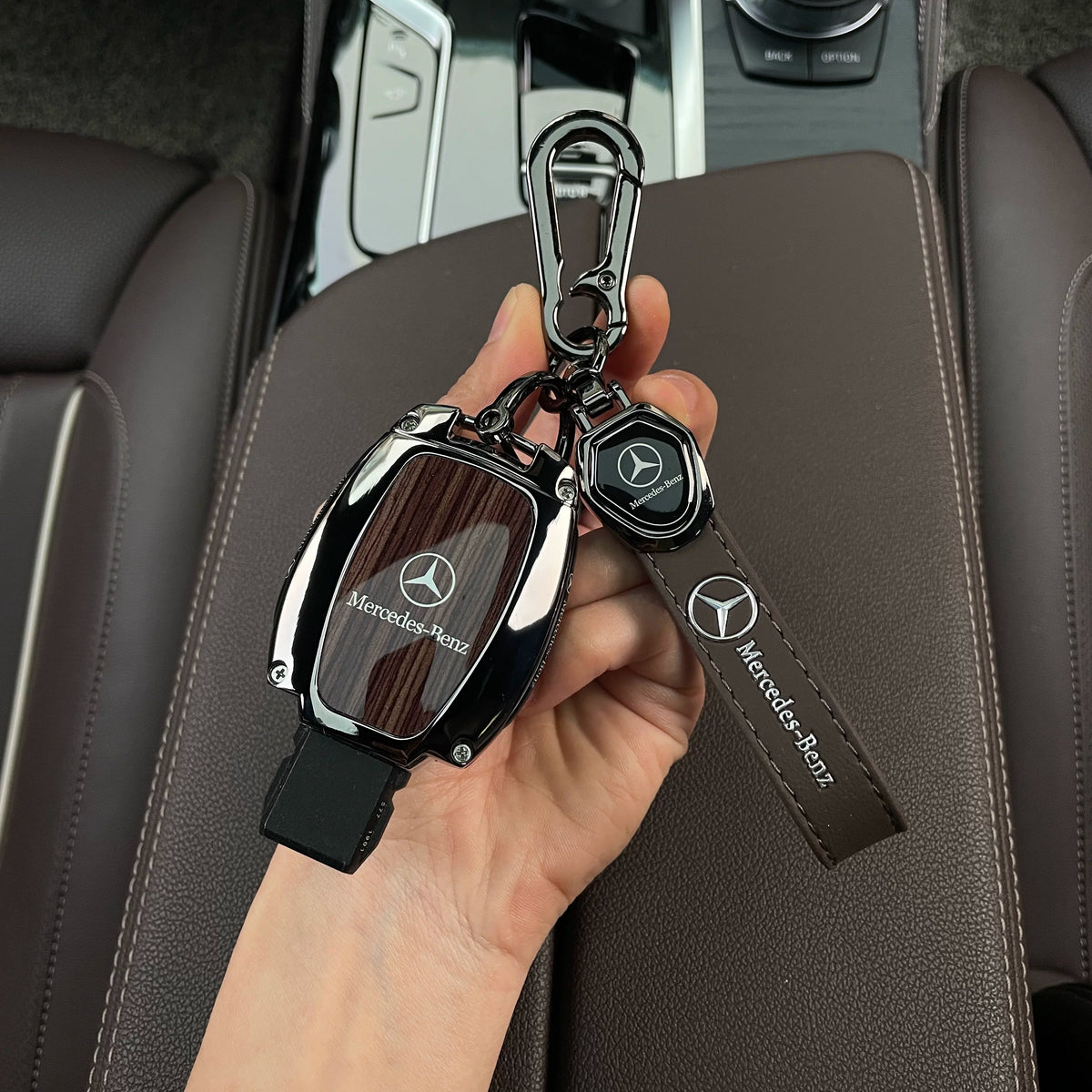 Brown wood grain Mercedes-Benz key case with logo lanyard strap