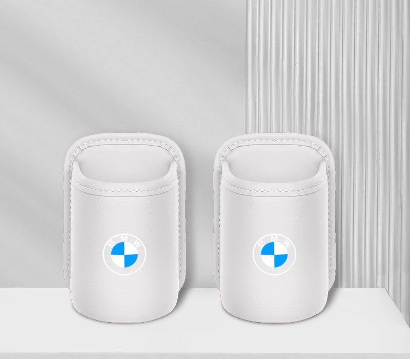 BMW leather car cup holder two piece set, white with BMW logo