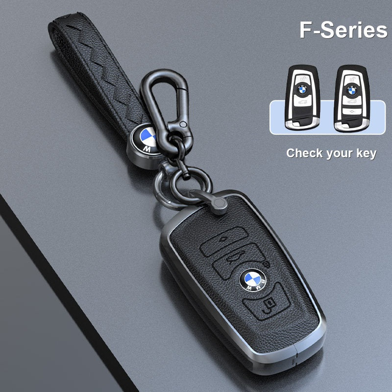 BMW genuine leather key fob case cover in Premium Black for F-Series smart key with keychain - fits 3/5 Series, X1 X3 X5 X7, i5, 2 Series