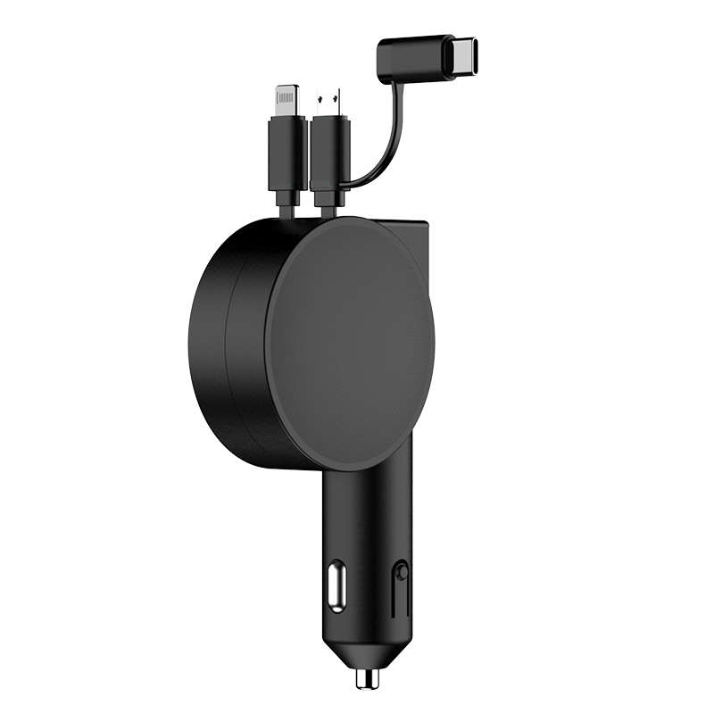 Car charger product render with retractable USB-C and Lightning cable