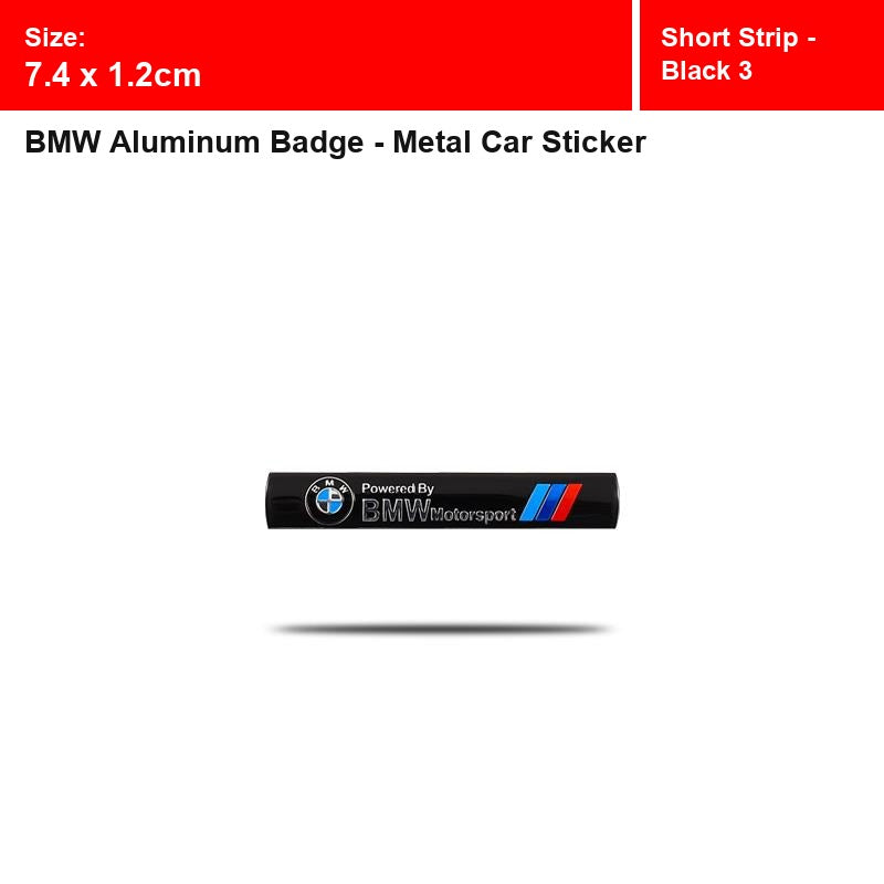 BMW aluminum badge, Short Strip - Black 3 design, size 7.4 x 1.2cm