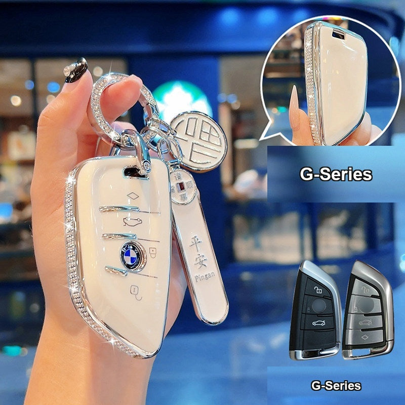 BMW key case Style B (G-Series) - Cream White/Silver Edge + 'Blessing' Number Plate