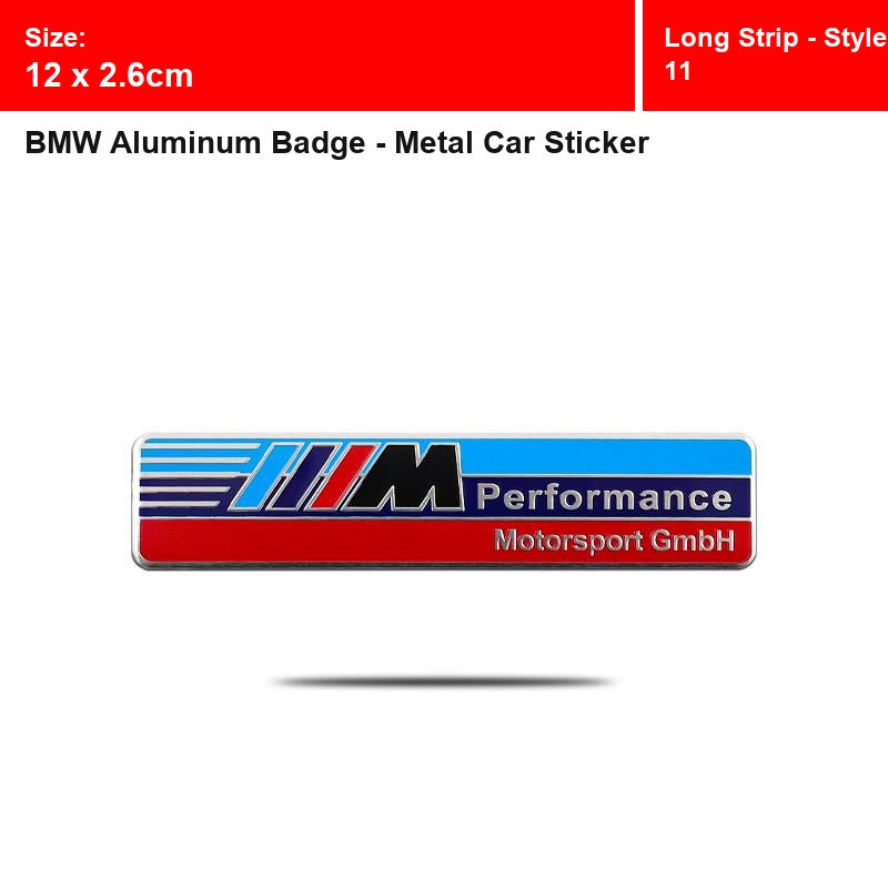 BMW aluminum badge, Long Strip - Style 11 design, size 12 x 2.6cm