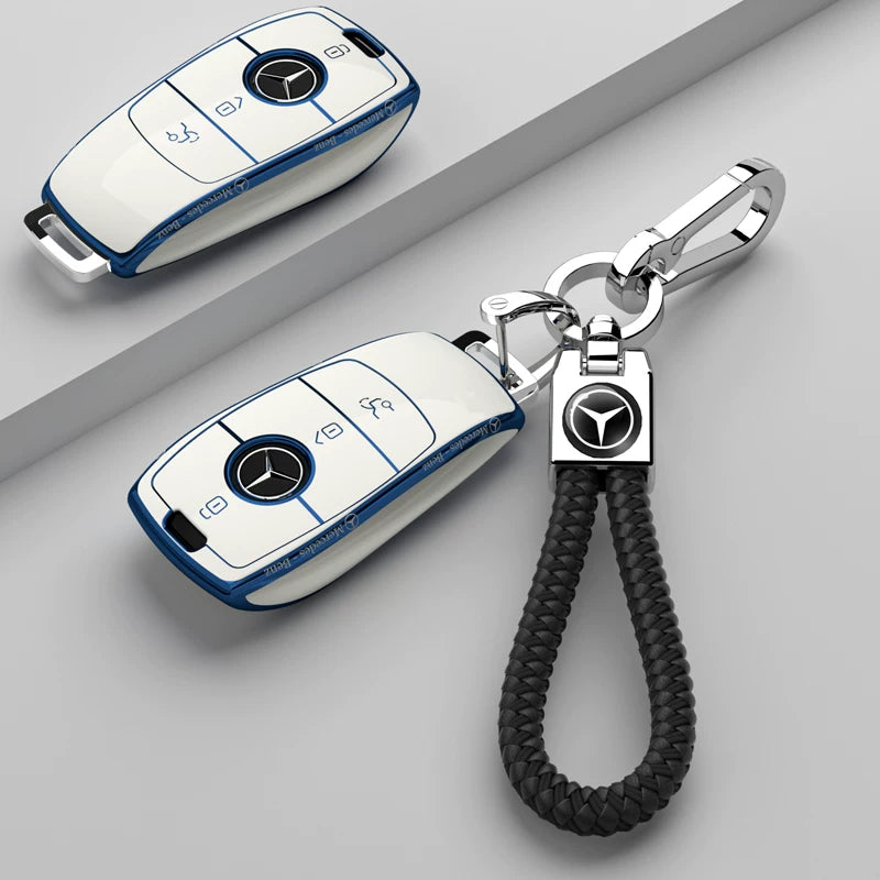 Mercedes-Benz Riviera Two-Tone Key Case – Ivory White – Blue Trim, Slim Script with Black Braided Strap