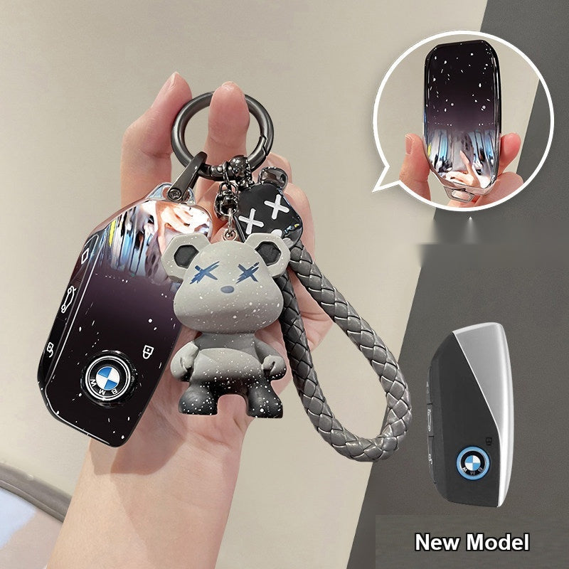 BMW key sleeve Starry Sky Black with gradient bear and bear braided rope keychain, Style F shell for older BMW folding key