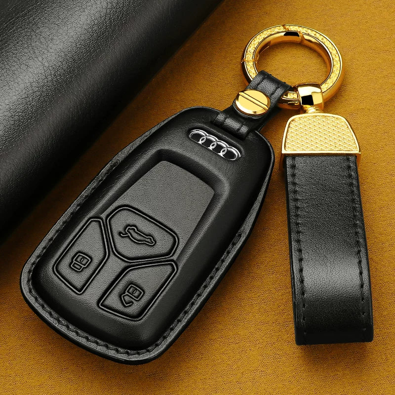 Audi Heritage Top-Grain Leather Key Case – Handcrafted Cowhide with Signature Keyring