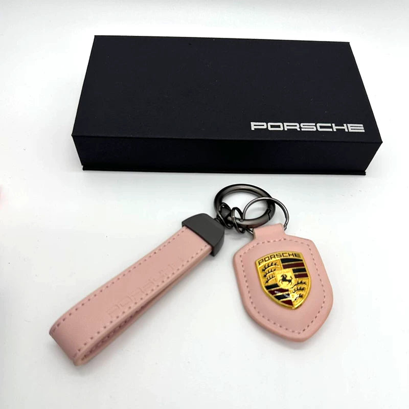 Porsche crest leather key fob in Blush Pink
