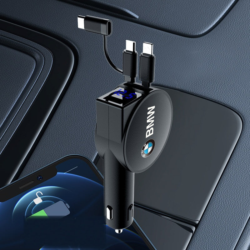 Black BMW badge retractable car charger with fast charging display