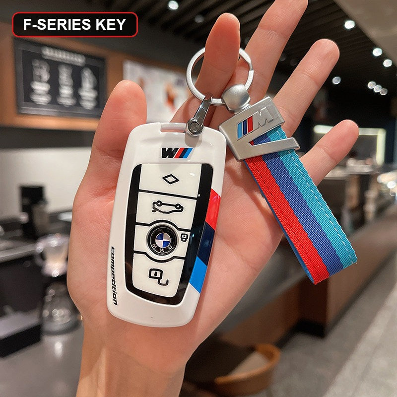 BMW key shell case white with M-stripe keychain strap