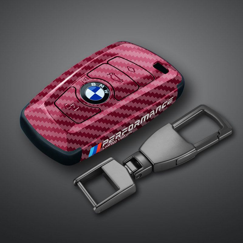 BMW Square key fob case in red carbon fiber with metal buckle keychain