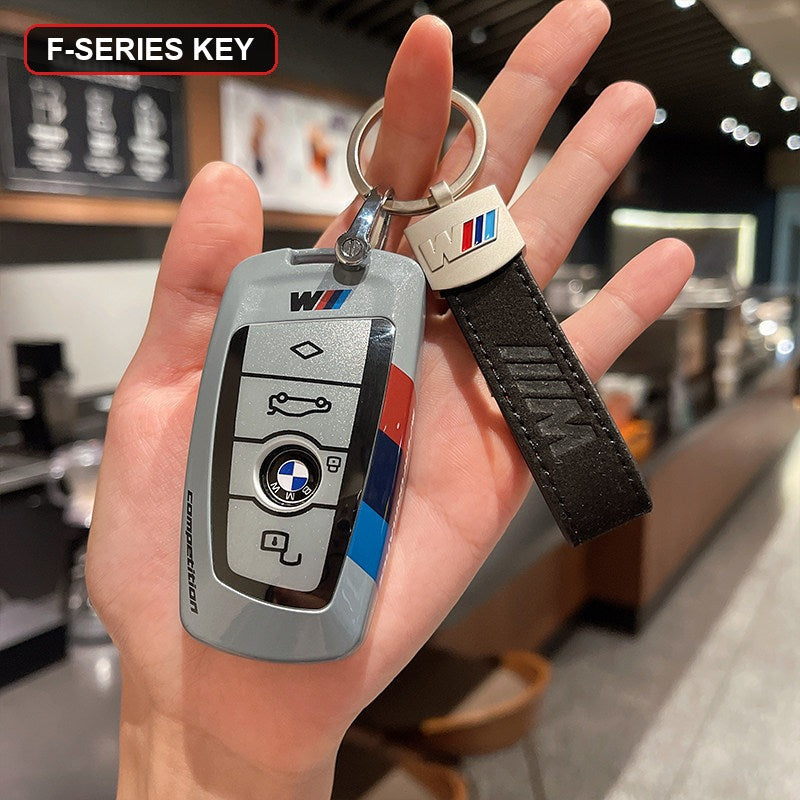 BMW key shell case gray with black leather strap and M logo
