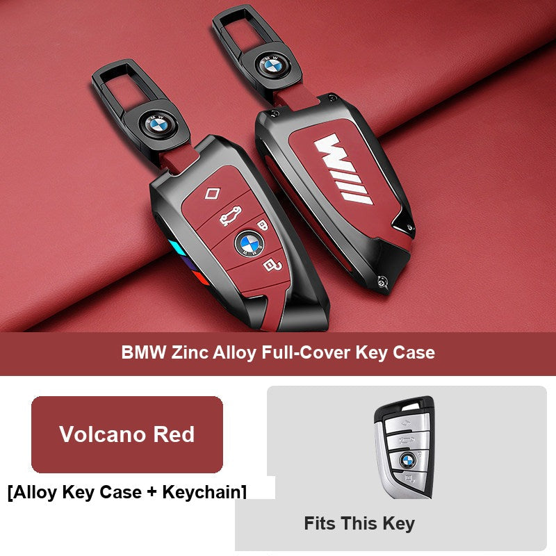 Volcano red BMW key fob case Style D with leather keychain buckle