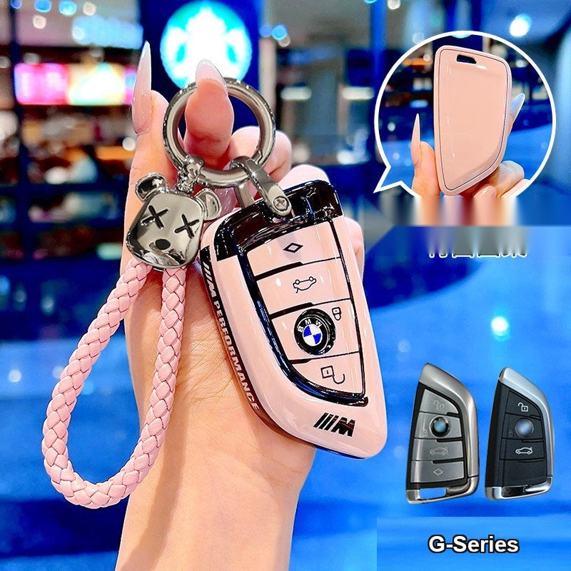 BMW smart key fob pink TPU case with bear woven rope keychain