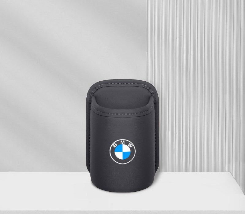 BMW leather car cup holder single piece, black with BMW logo