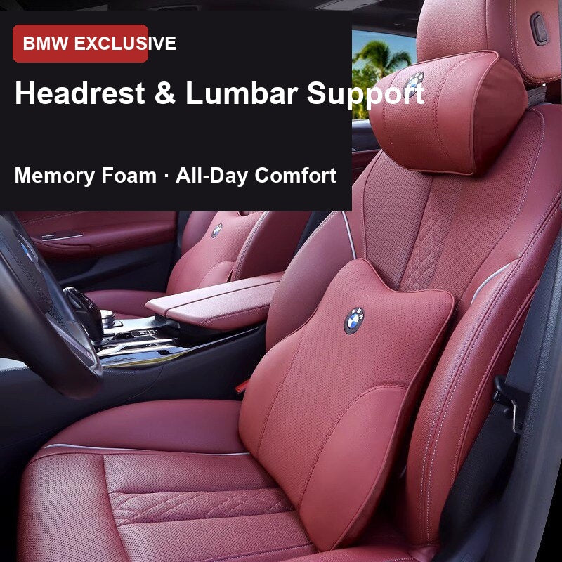 BMW Memory Foam Headrest and Lumbar Support Cushion Set Installed in Car Seat
