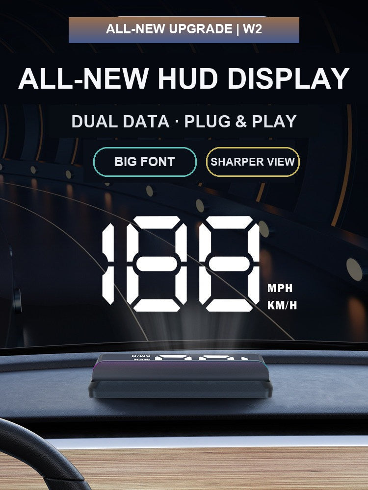 All-new W2 GPS HUD head-up display mounted on car dashboard showing speed reading