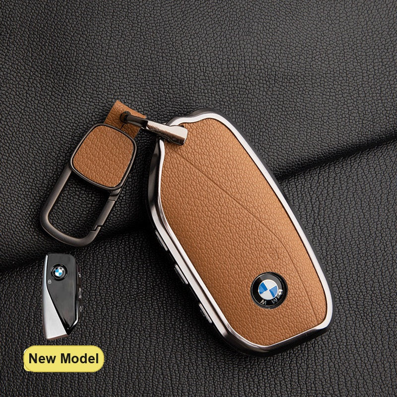 BMW New Model key fob case in Golden Brown ALRAN French goat leather with Square Buckle Keyring - fits X1 X3 X5 X7, 5/7 Series, 740Li, i7