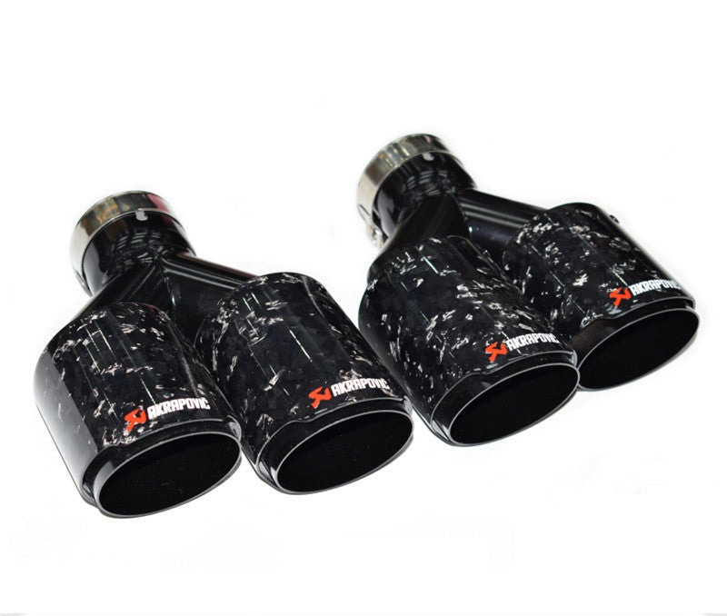 Quad outlet carbon fiber exhaust tip pair close-up, BMW Audi fitment