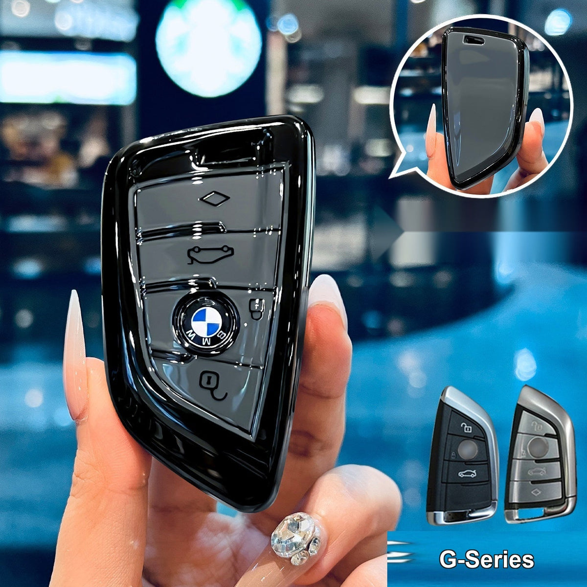 BMW smart key fob glossy black/gray TPU case, shell only without keychain