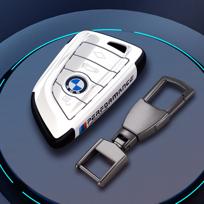 BMW Blade key fob case in white with metal buckle keychain