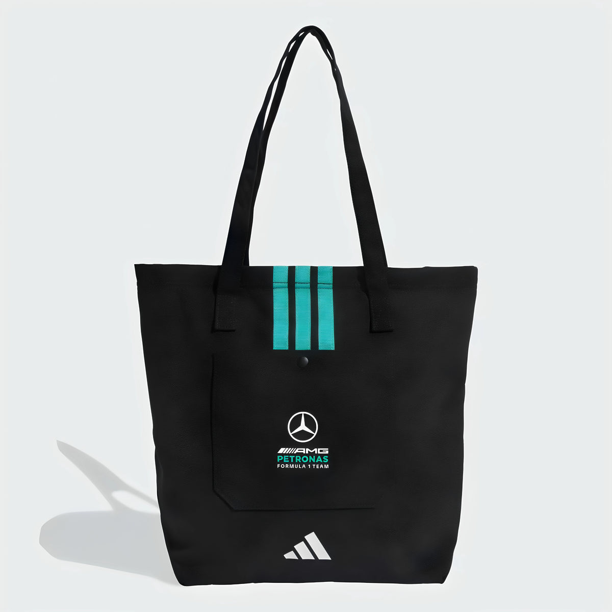 Mercedes-AMG Petronas F1 Team black canvas tote bag with teal stripes – front view