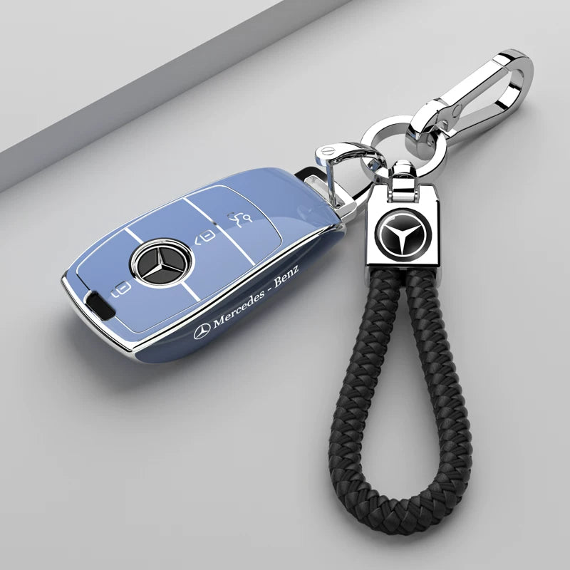 Mercedes-Benz Riviera Two-Tone Key Case – Peak Blue – Silver Trim with Black Braided Strap