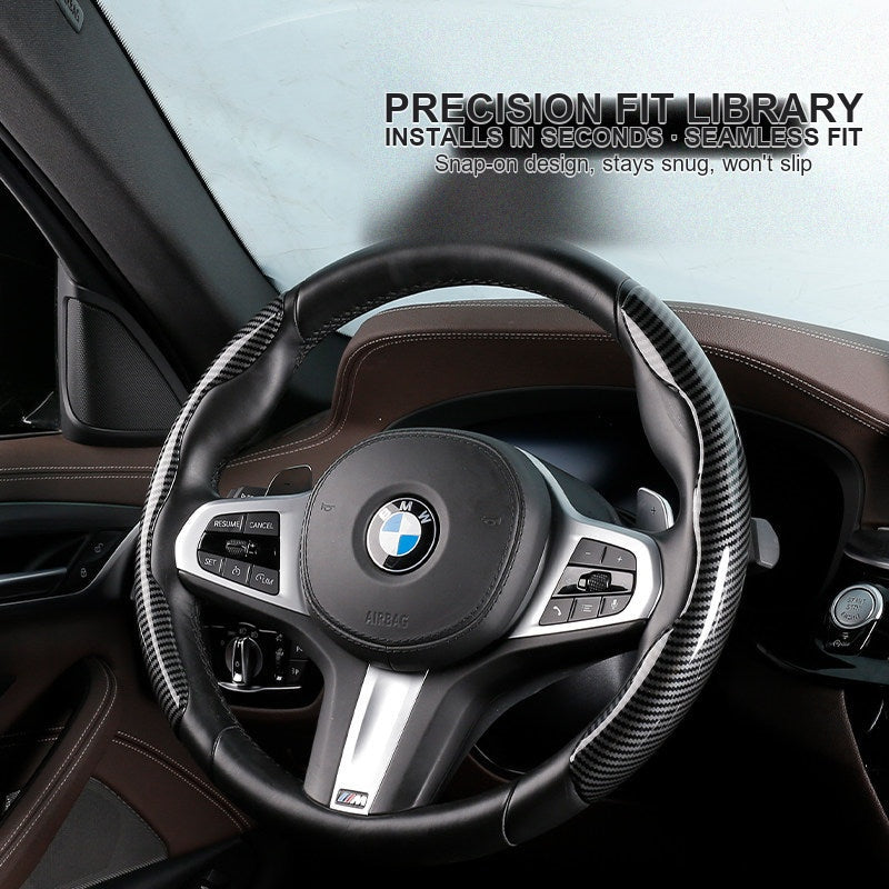 BMW steering wheel with carbon fiber cover installed, precision fit
