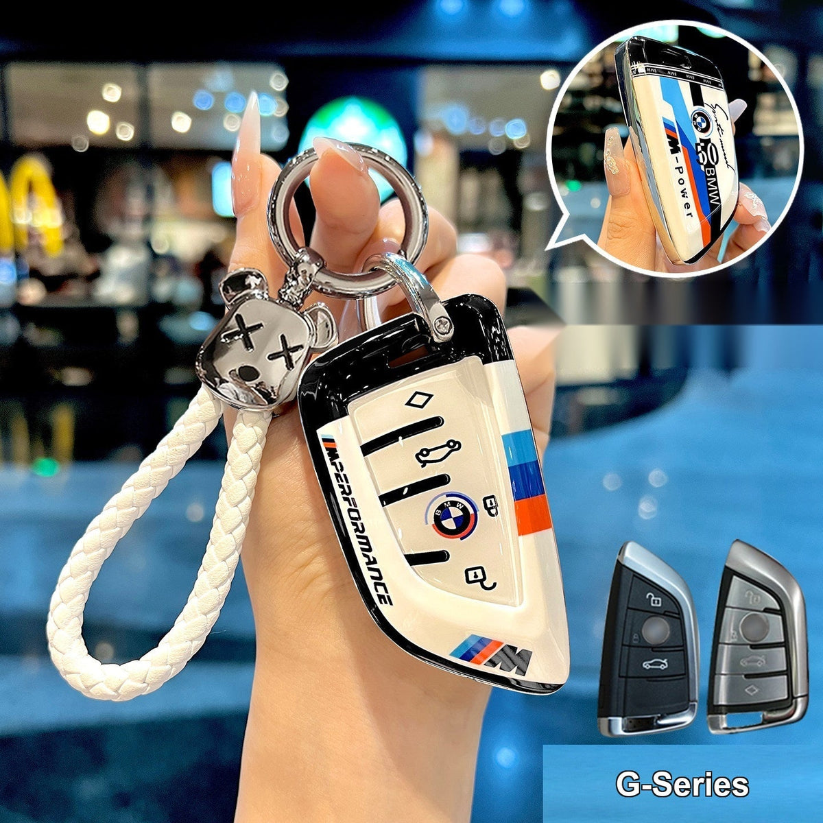 BMW smart key fob white TPU case with bear braided rope keychain